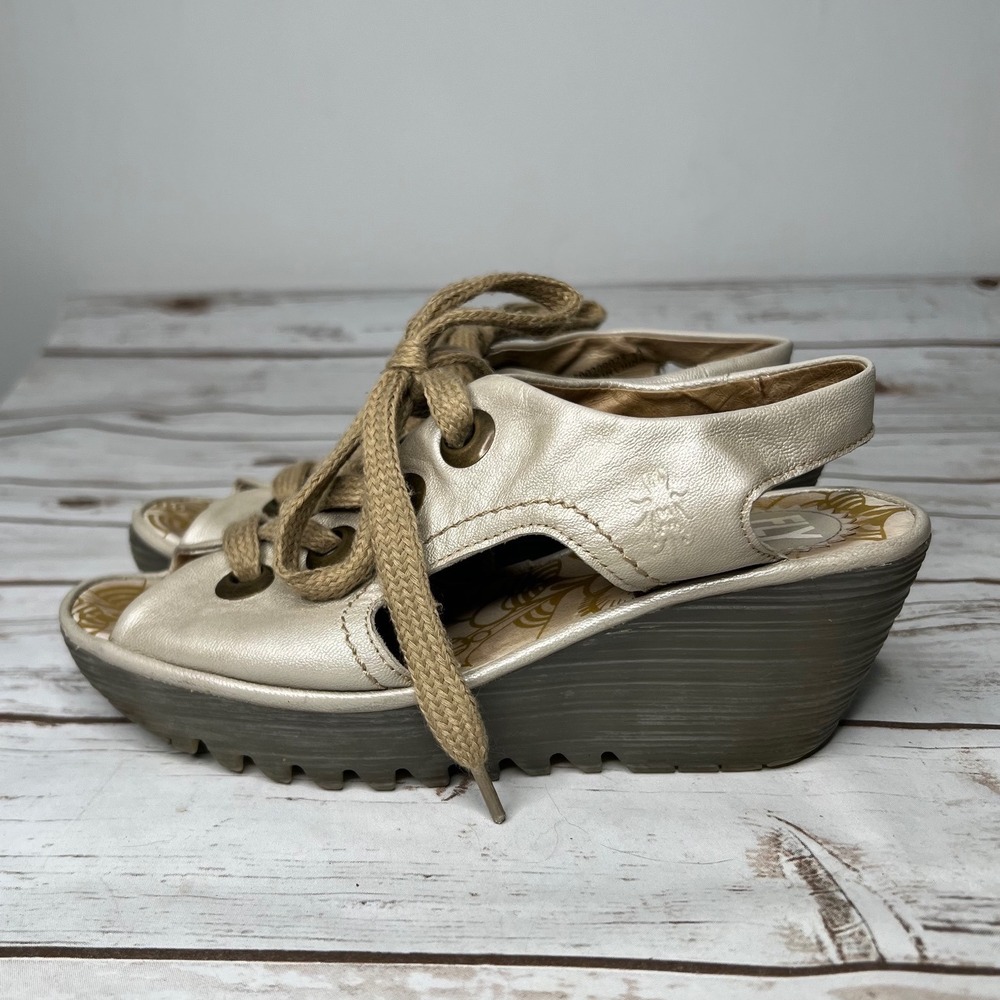 Fly London Yala Wedge Sandals Metallic Gold Leather Lace Up Peep Toe EU 37